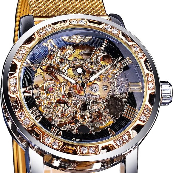 Retro Manual Mechanical Skeleton Watch with Diamond and Carving Flower, Gold-W - Picture 1 of 6